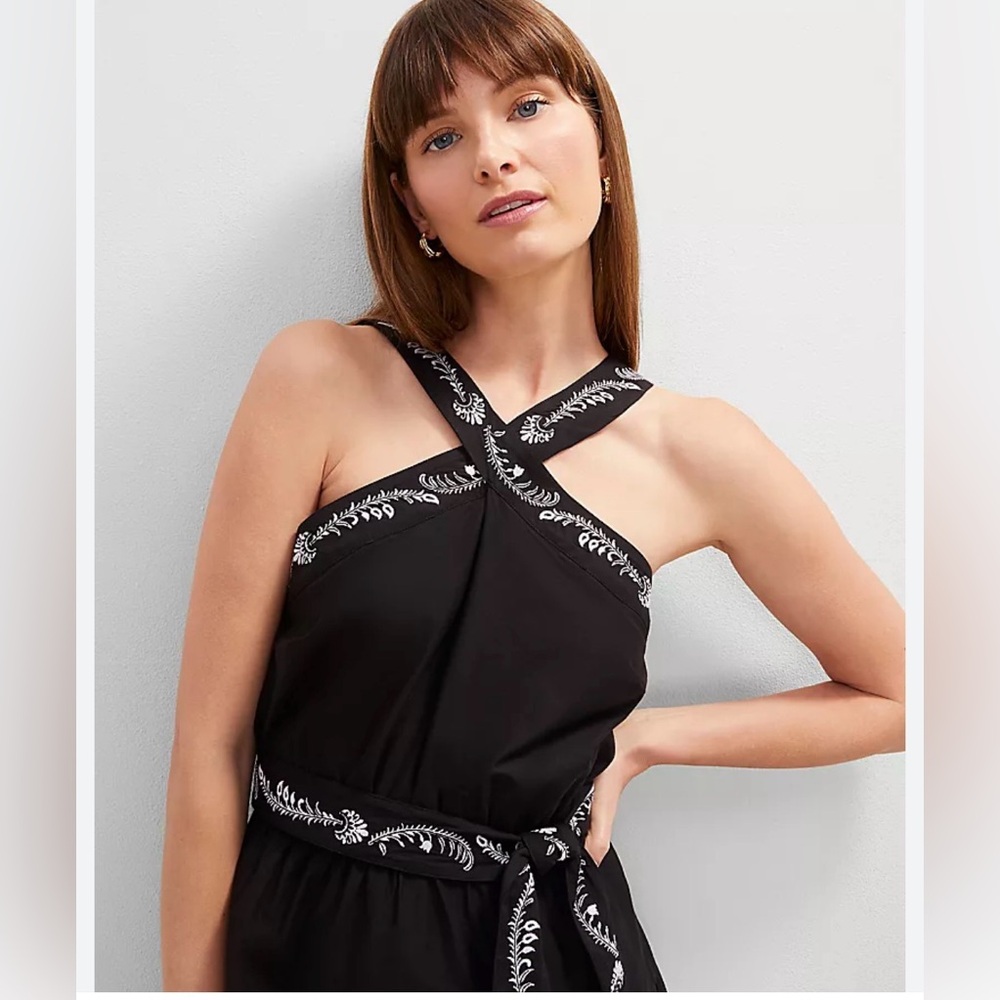 New Ann Taylor Black embroidered belted halter dress 6 Petite